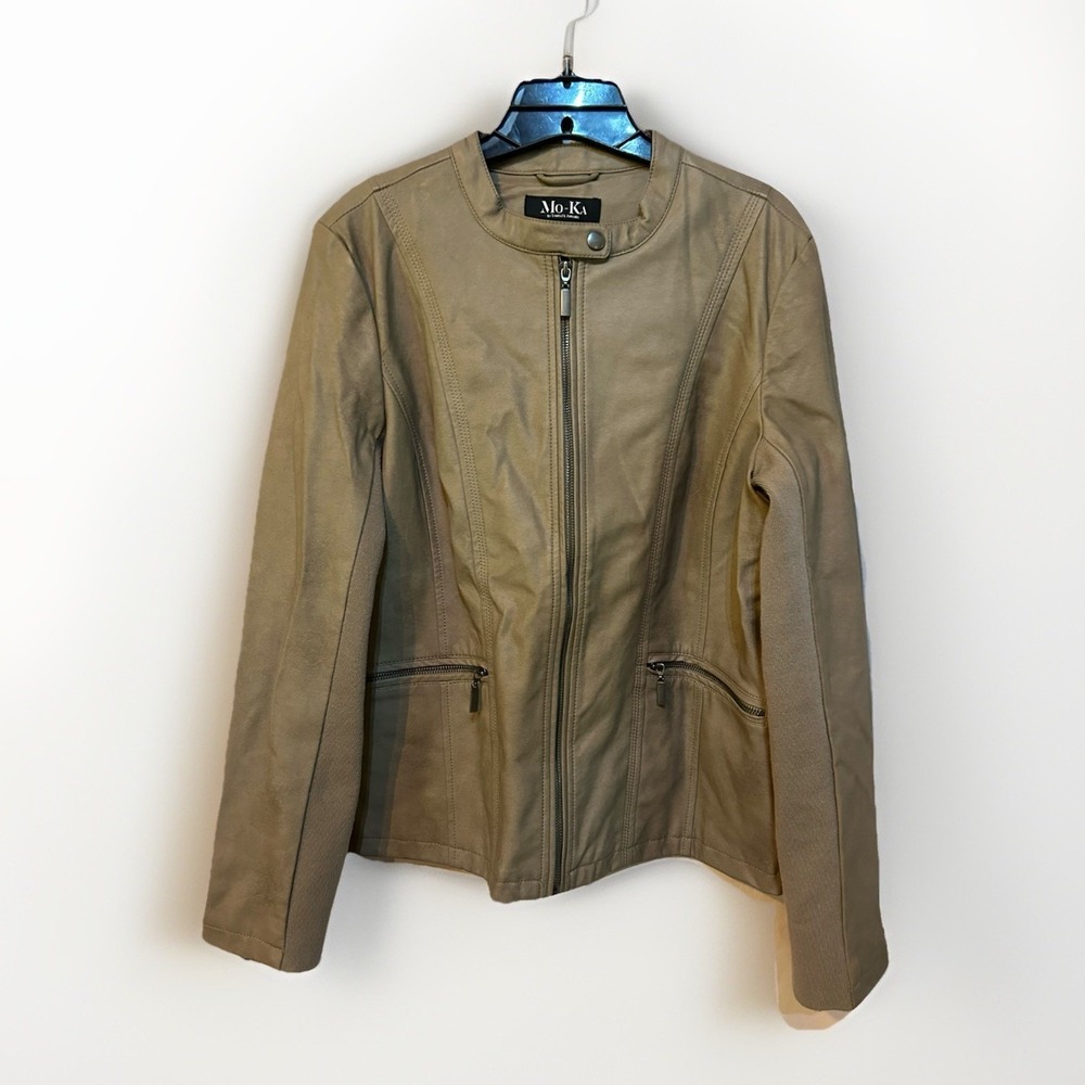 Mo-Ka By Sante Fe Apparel Tan Faux Leather Moto Jacket Women's Large Zippers EUC